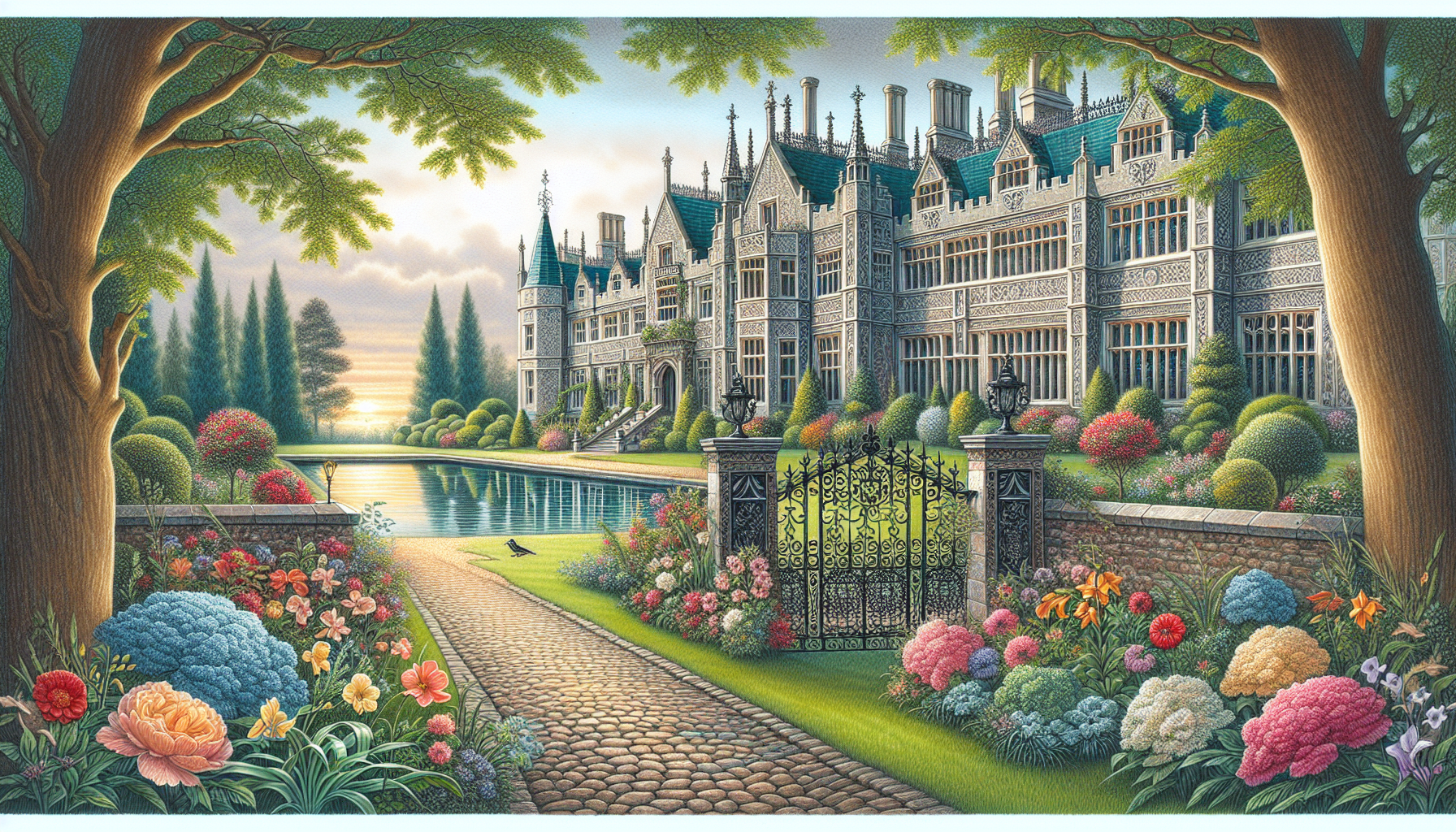 Enchanting illustration of Hampton Court House wedding venue