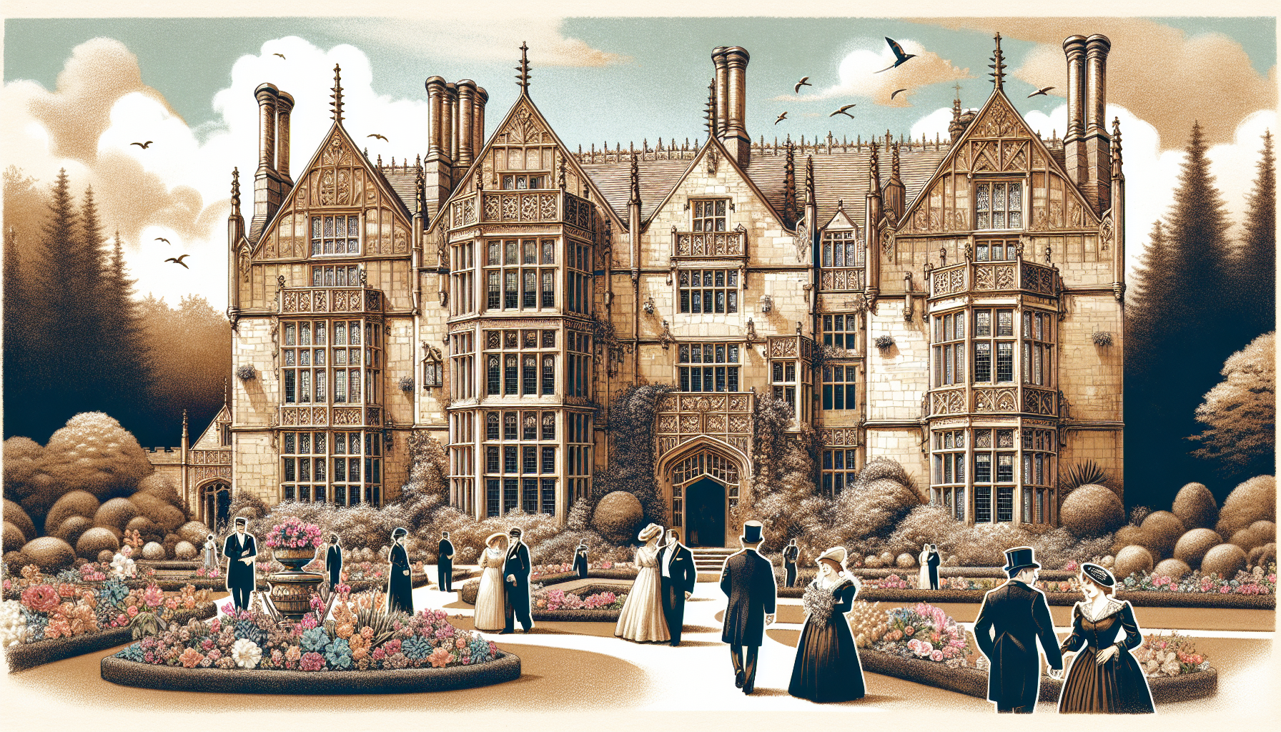 Timeless illustration of Nonsuch Mansion, a historic wedding venue in Surrey