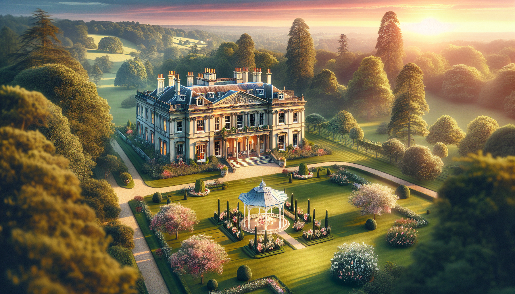 Aerial view of stunning Georgian mansion in the Surrey countryside